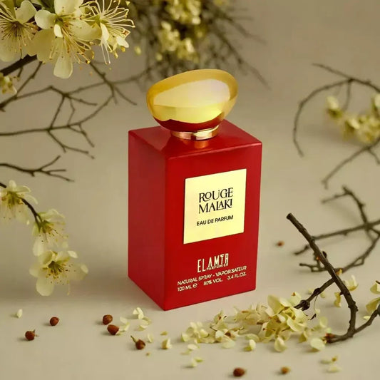 Roter Flakon von Rouge Malaki mit goldener Kappe – Damenduft mit floraler Komposition