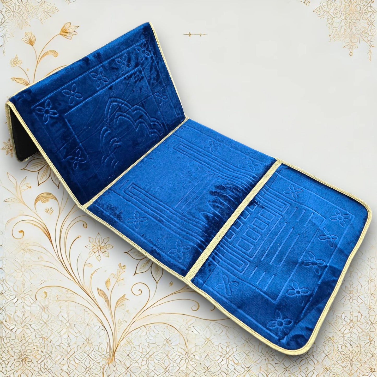 Blauer Gebetsteppich mit stützender Lehne – faltbar, dick und elegant