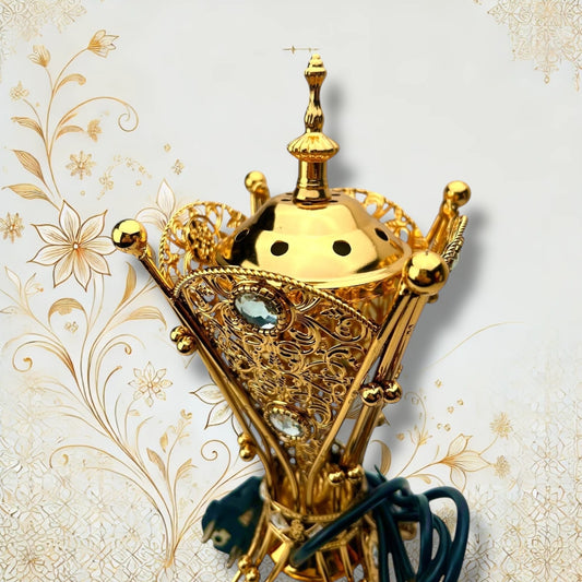 Hochwertiger elektrischer Weihrauchbrenner mit dekorativer Kuppel und orientalischem Design in Gold. Perfekt für ein luxuriöses Ambiente.