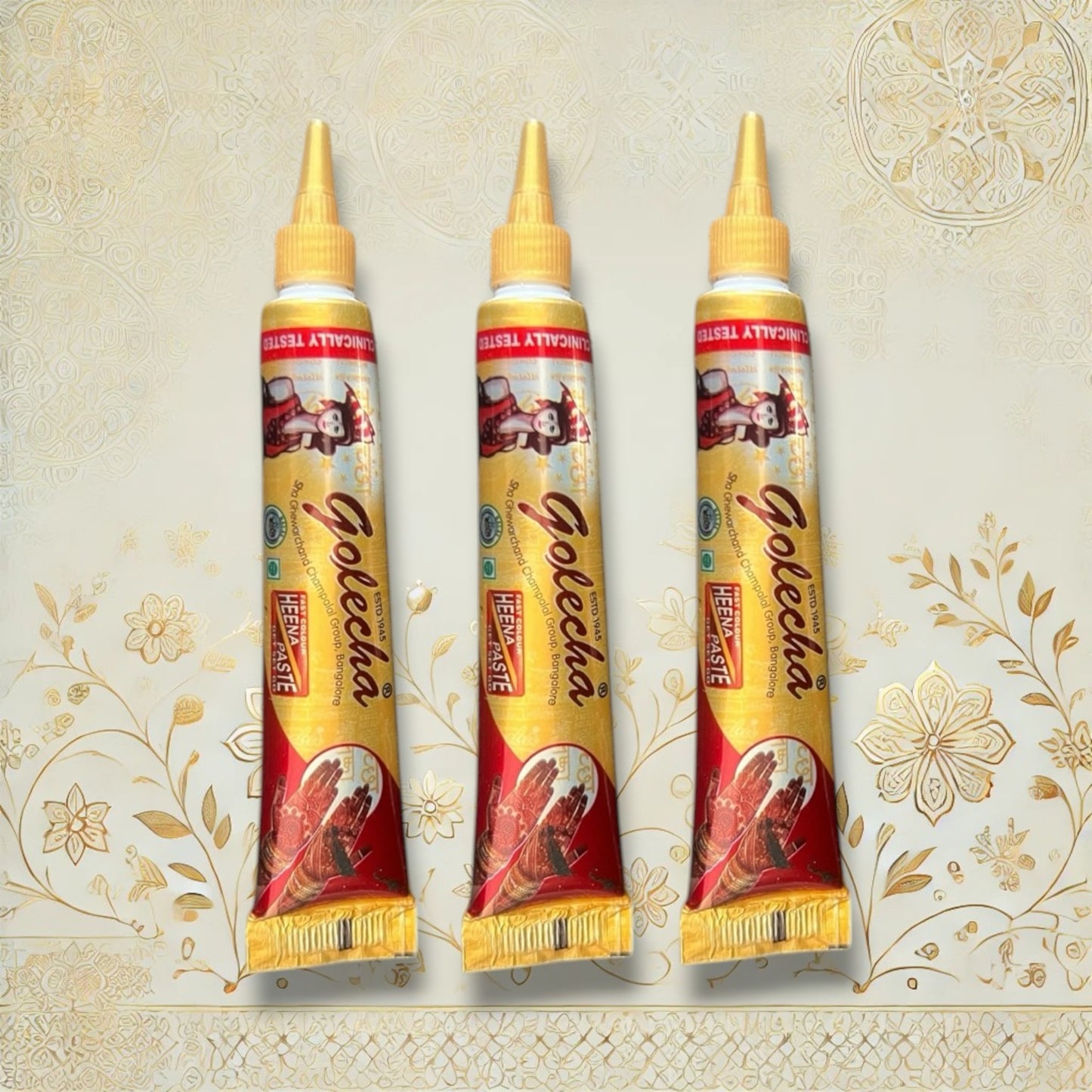 Drei Tuben Golecha Henna-Paste in der Farbe Braun/Rot mit je 25g Inhalt. Für traditionelle Körperkunst, frei von Chemikalien, direkt anwendungsbereit.