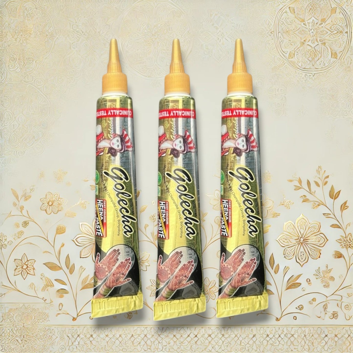 Drei Tuben schwarze Golecha Henna-Paste für temporäre Tattoos, je 25g. Originalprodukt mit feiner Spitze zum Auftragen, 100 % pflanzlich.