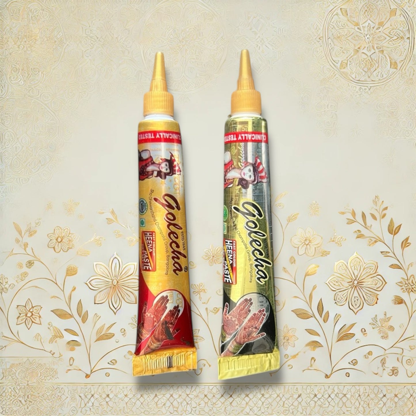 Zwei Tuben Golecha Henna-Paste für temporäre Tattoos in den Farben Braun/Rot und Schwarz, je 25g. Traditionelle Anwendung, 100 % pflanzlich, ideal für Hautverzierungen.