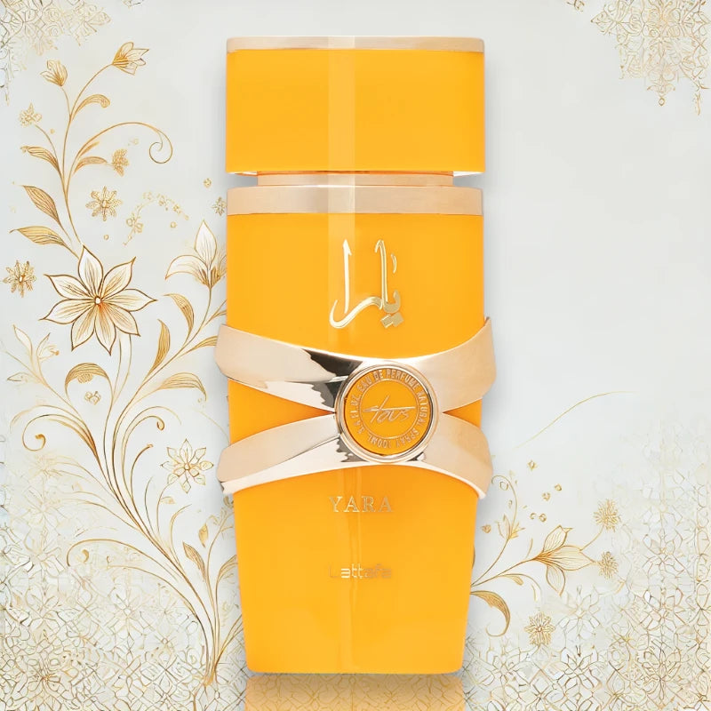 Flakon des Lattafa Yara Tous Eau de Parfum mit exotischem Design.