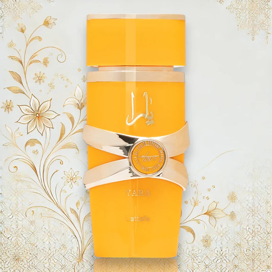 Flakon des Lattafa Yara Tous Eau de Parfum mit exotischem Design.