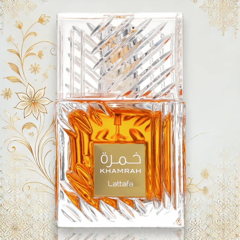 Lattafa Khamrah Parfüm, Detailansicht der hochwertigen Verpackung – Elegantes Design mit luxuriösen Verzierungen, ideal als exklusives Geschenk