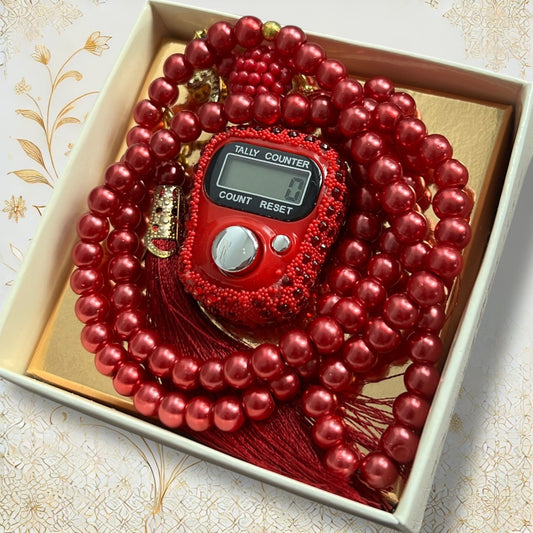 Rote Gebetskette mit Strass-Digitalzähler – 99 Perlen