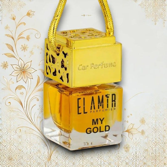 El Amir My Gold Autoparfüm 8 ml in schräger Ansicht mit goldfarbener Kappe und Aufhängeschnur