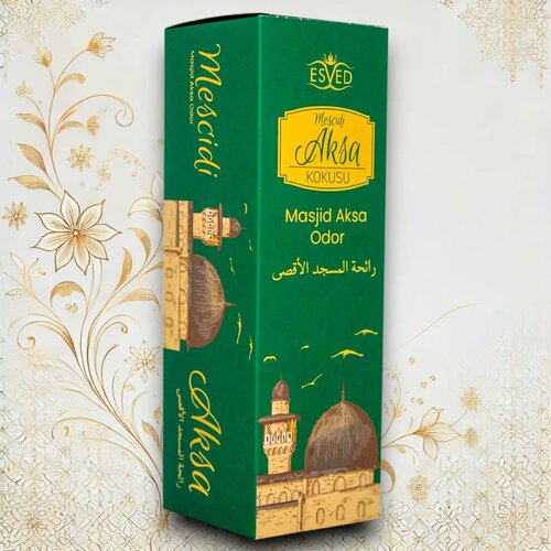 Edles Set aus Mescid-i Aksa Duftspray und passender Verpackung. Perfekt für die Beduftung von Teppichen, Möbeln und Räumen mit einem einzigartigen, aromatischen Duft.