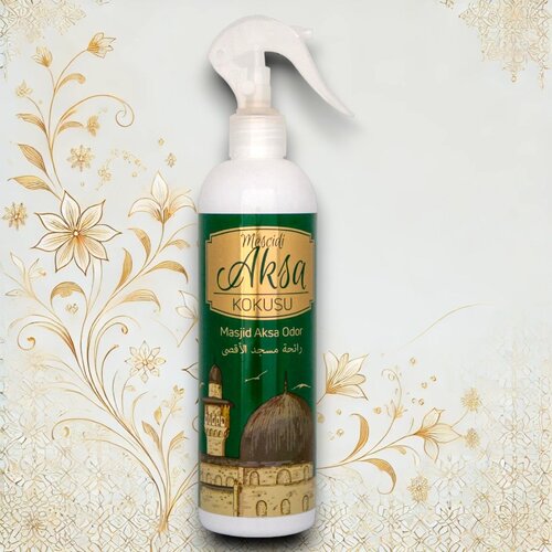 Praktisches Mescid-i Aksa Duftspray in einer 400ml Sprühflasche. Ideal für Textilien und Wohnräume, mit sanftem orientalischem Duft für eine angenehme Atmosphäre.