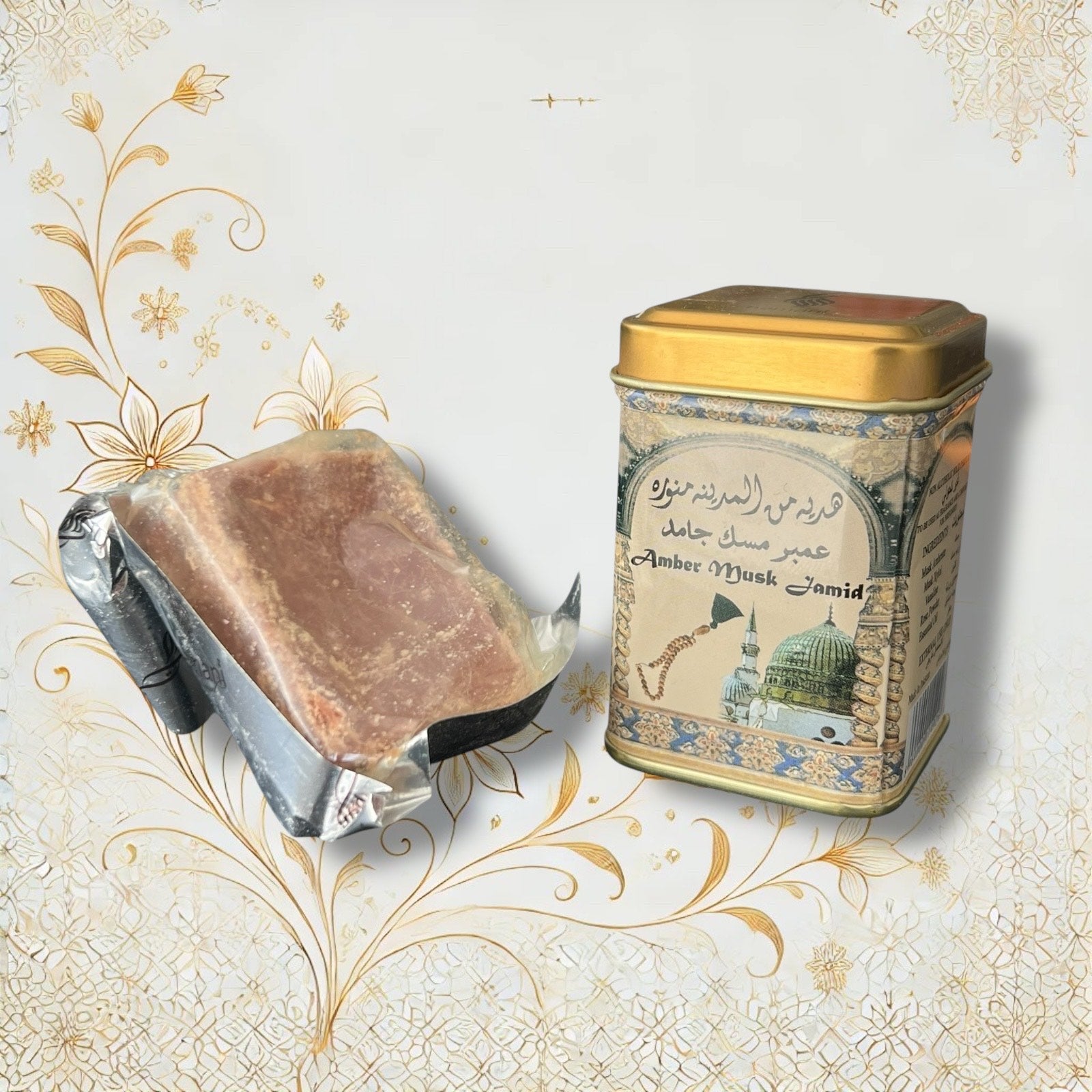 Geöffnete Amber Musk Jamid Dose mit duftendem Steinblock