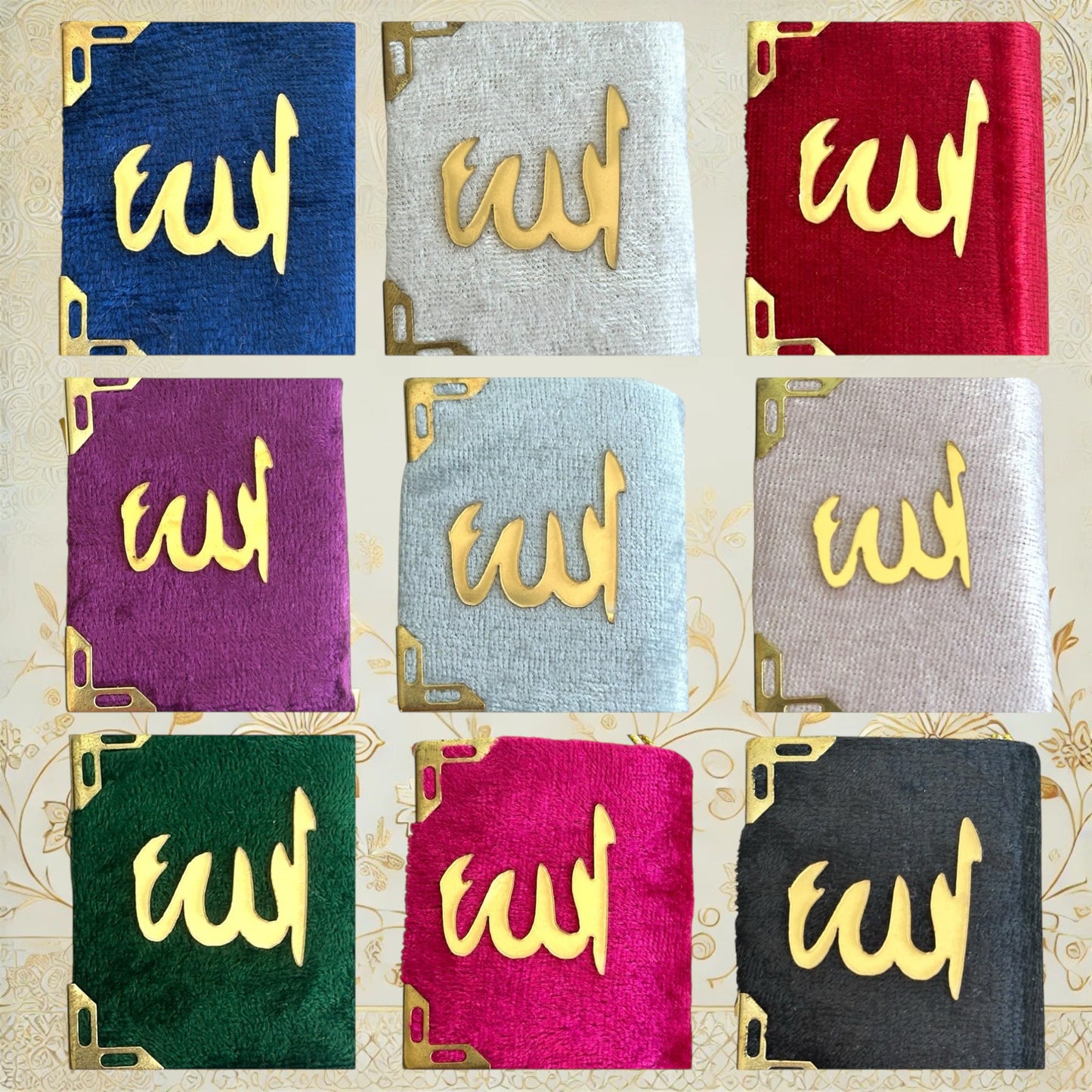  Neun Auto-Anhänger mit vollständigem Quran in Samteinband mit goldfarbener „Allah“-Schrift, in verschiedenen Farben erhältlich