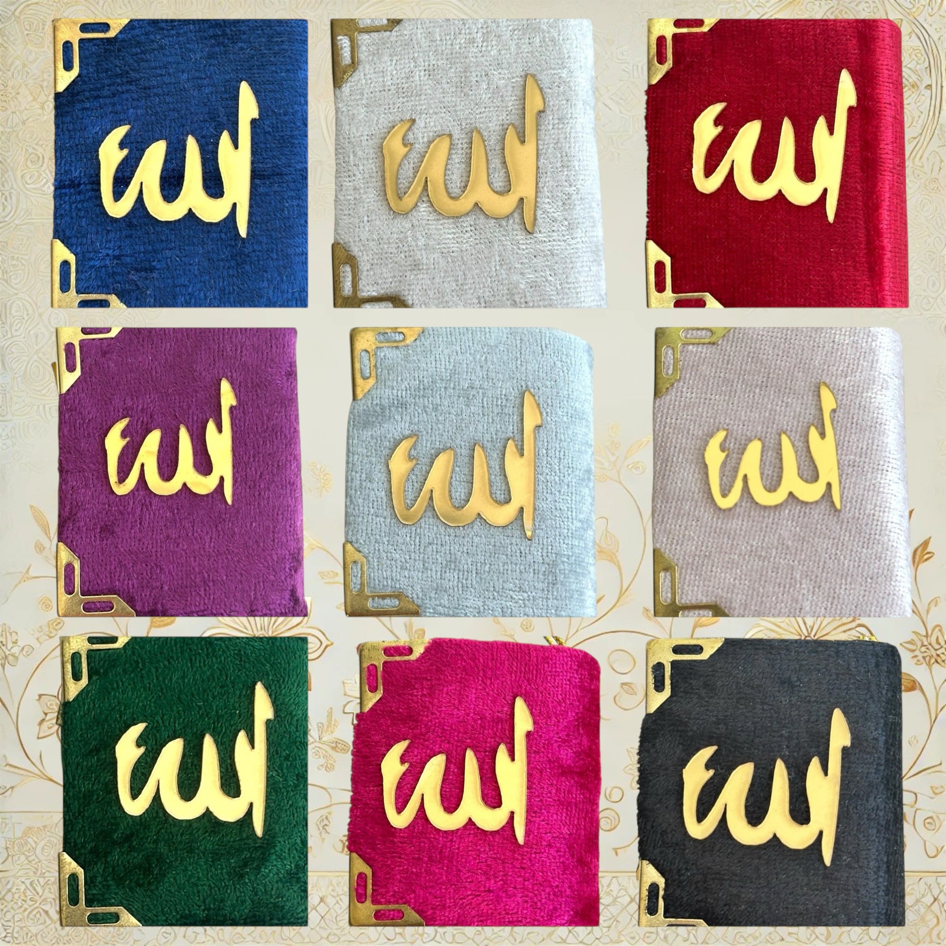  Neun Auto-Anhänger mit vollständigem Quran in Samteinband mit goldfarbener „Allah“-Schrift, in verschiedenen Farben erhältlich