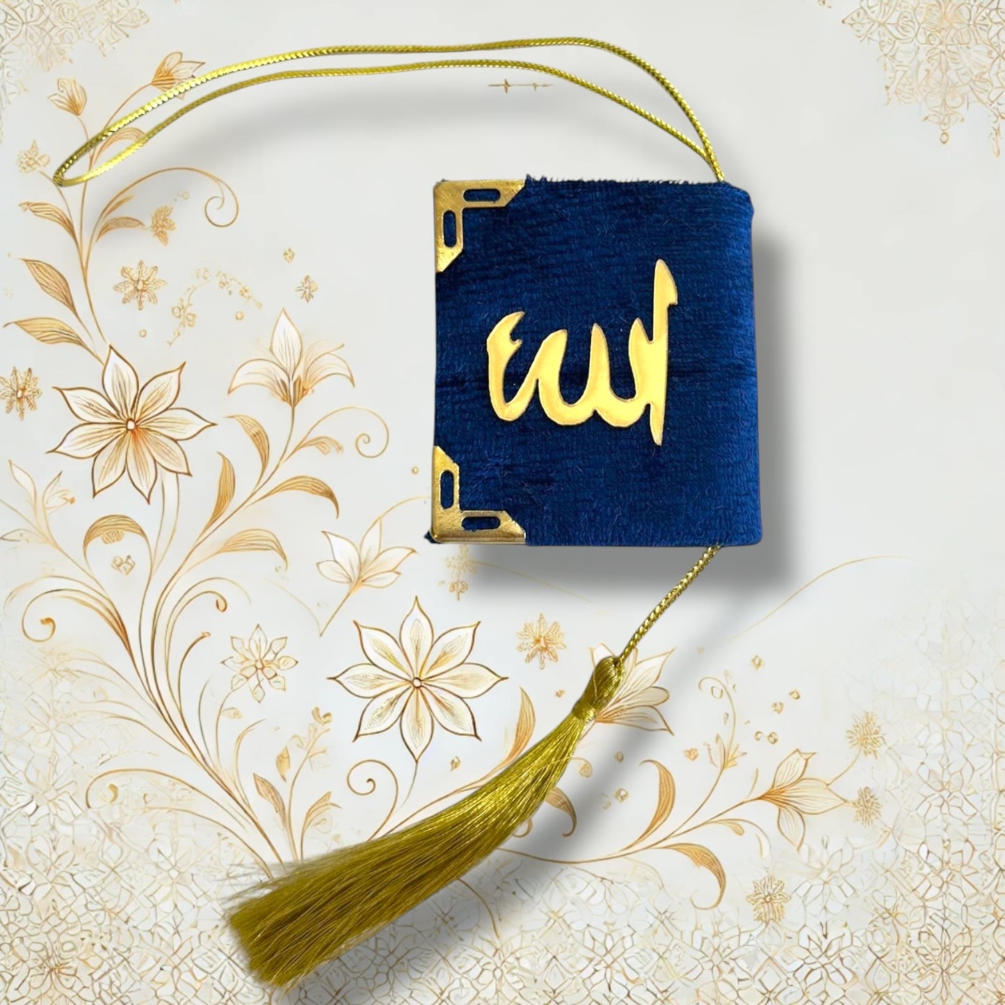 Islamischer Mini-Quran fürs Auto in edlem Dunkelblau mit goldener Aufschrift und goldener Troddel