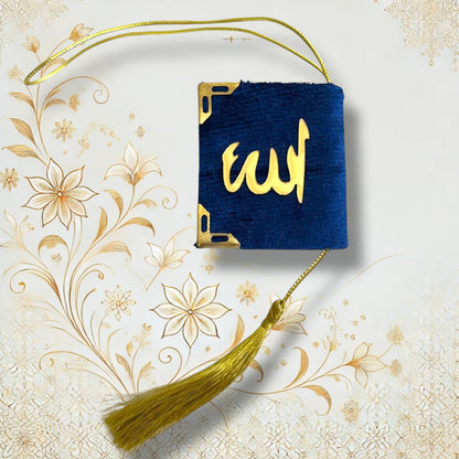Islamischer Mini-Quran fürs Auto in edlem Dunkelblau mit goldener Aufschrift und goldener Troddel