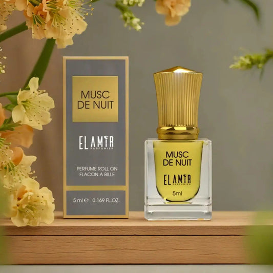 EL AMIR Parfümöl MUSC DE NUIT – ein sinnlicher Duft mit holzigen und orientalischen Akzenten in einer praktischen 5-ml-Roll-on-Flasche.