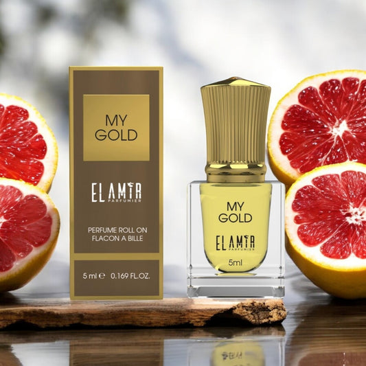  EL AMIR Parfümöl MY GOLD – ein sinnlicher Duft mit Vanille, Oud & Amber in einer praktischen 5-ml-Roll-on-Flasche.