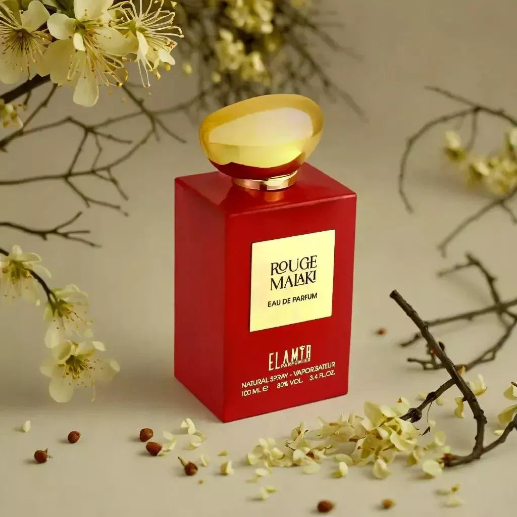  Roter Flakon von Rouge Malaki mit goldener Kappe – Damenduft mit floraler Komposition