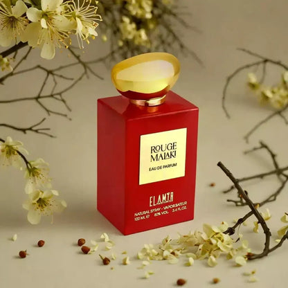  Roter Flakon von Rouge Malaki mit goldener Kappe – Damenduft mit floraler Komposition