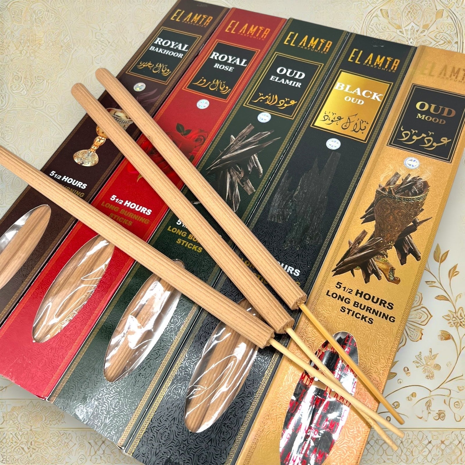 El Amir Räucherstäbchen Royal Bakhoor, Rose & Oud – Set mit 3 dicken Sticks pro Sorte

