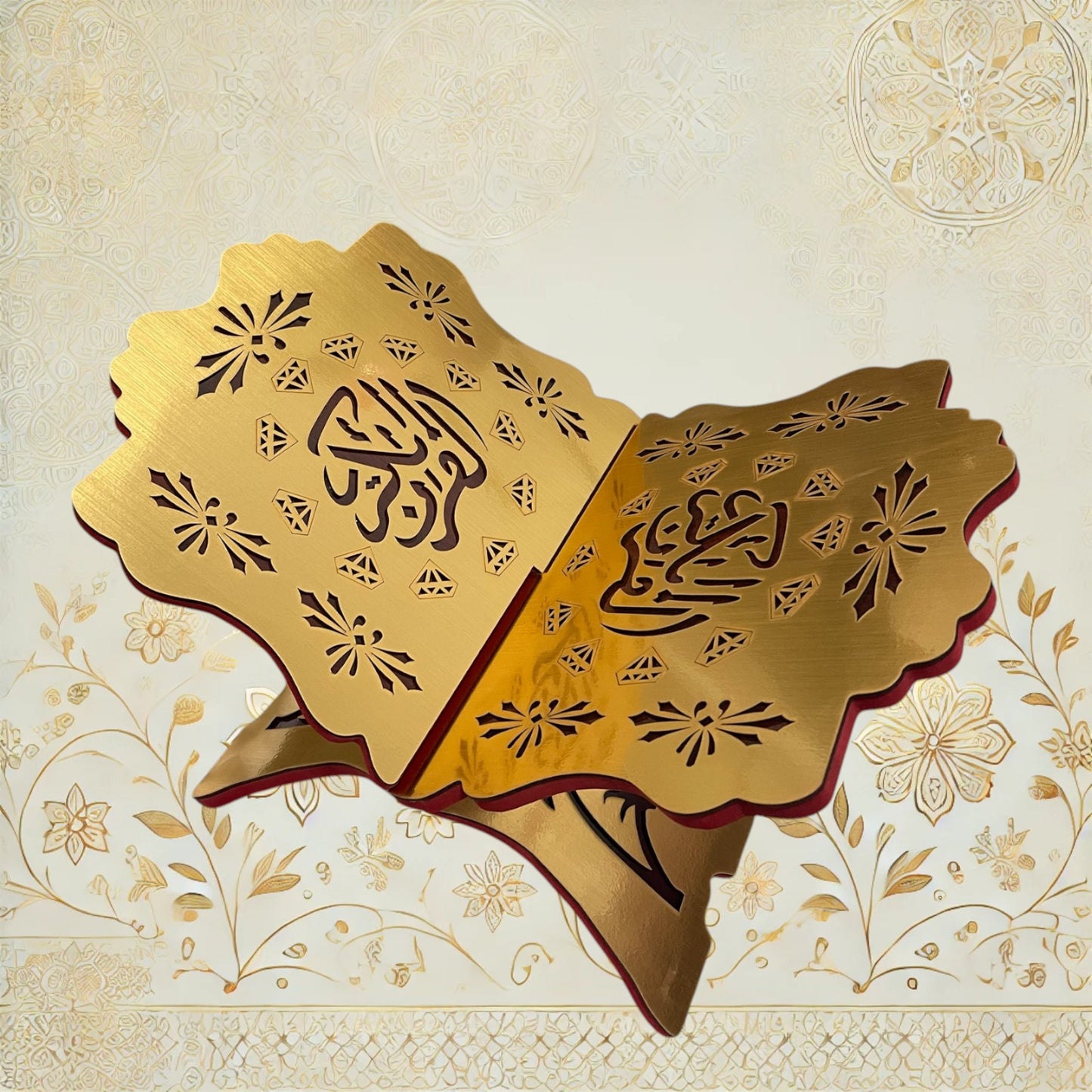 Hochwertiger Holz Koran Halter mit arabischer Kalligraphie und elegantem Design. Ideal für die Koran Rezitation & als stilvolle Gebetshilfe.
