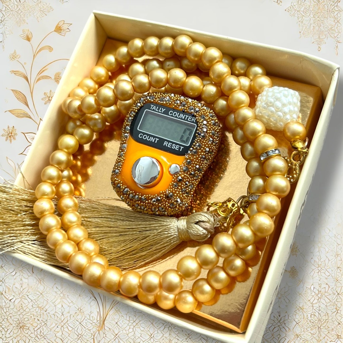 Goldene 99er Gebetskette mit Strass-Digitalzähler im Geschenkset.