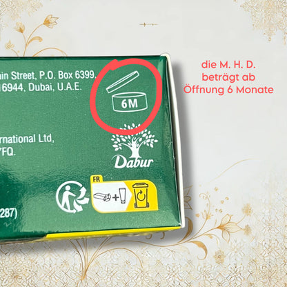 Symbol für Mindesthaltbarkeit 6 Monate nach Öffnung bei Dabur Miswak Zahnpasta