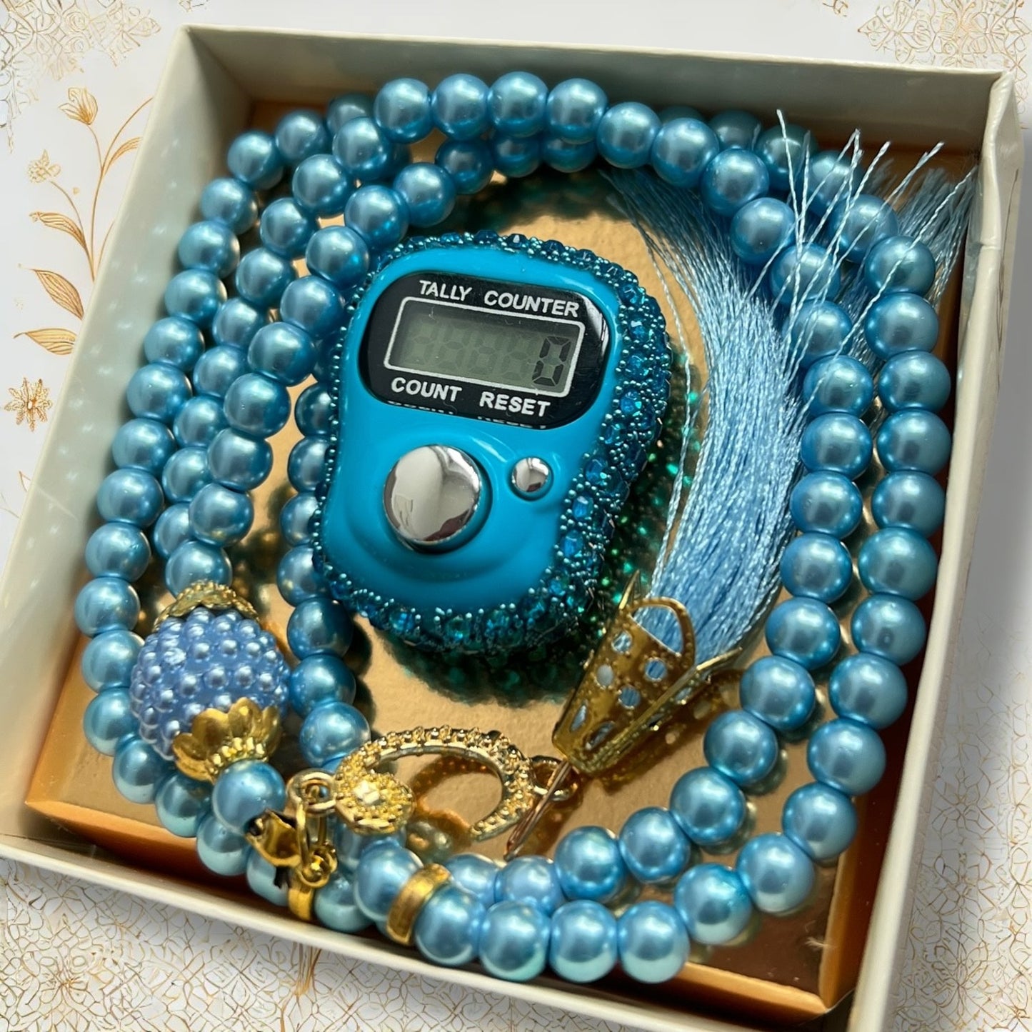 Hellblaue 99er Gebetskette mit Strass-verziertem digitalem Zähler im Set.