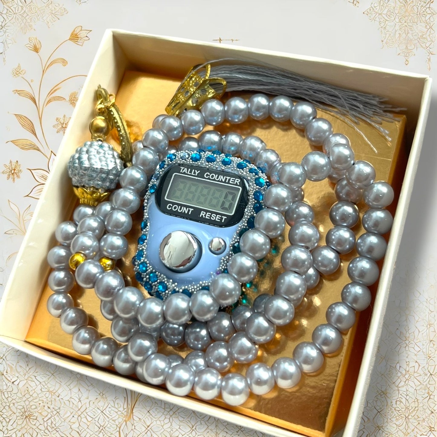 Jeansblau 99er Gebetskette mit Strass-Digitalzähler im Geschenkset.