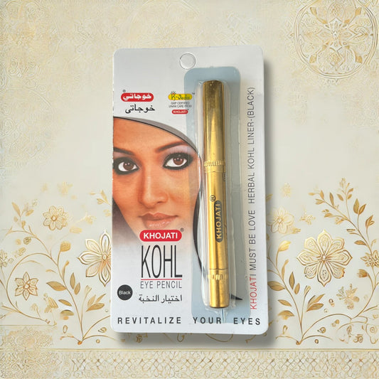 Khojati Kohl Kajal in Originalverpackung – schwarzer herbal eyeliner in goldfarbener Hülle mit intensiver Farbwirkung und traditioneller arabischer Beschriftung


