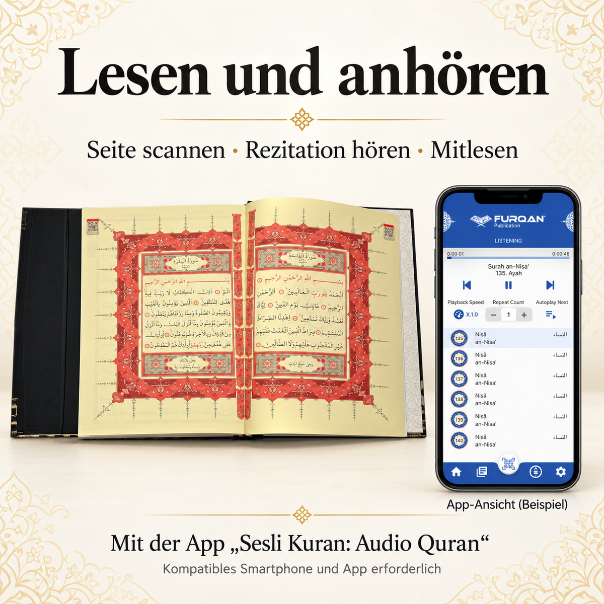 Aufgeschlagener Koran auf Arabisch neben einem Smartphone mit der Furkan-App – QR-Code scannen, Rezitation hören und mitlesen.