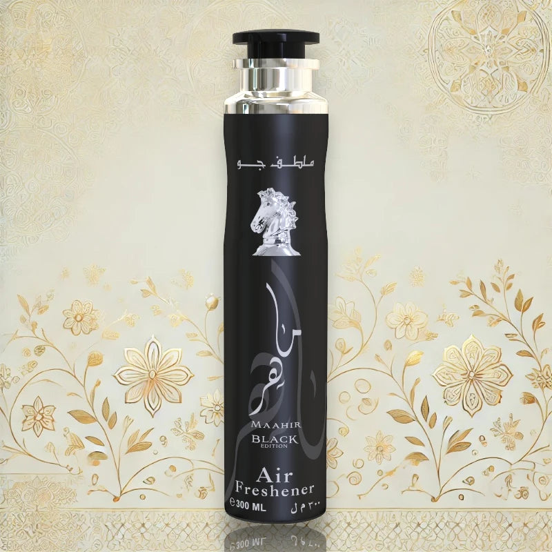 Lattafa Maahir Black Raumspray – Luxuriöser Raumduft mit Bergamotte, Amber und Oud. Perfekt als Lufterfrischer für elegante Räume.