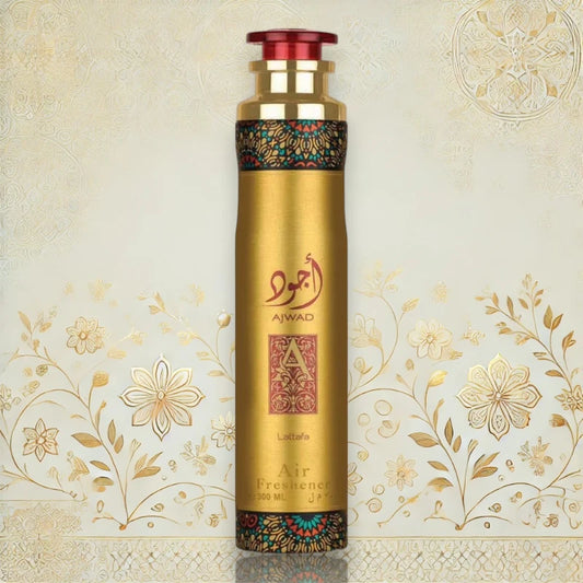 Ajwad Raumduft mit fruchtigem Start, Rose-Jasmin-Herz und sinnlicher Basis aus Vanille, Moschus und Amber.