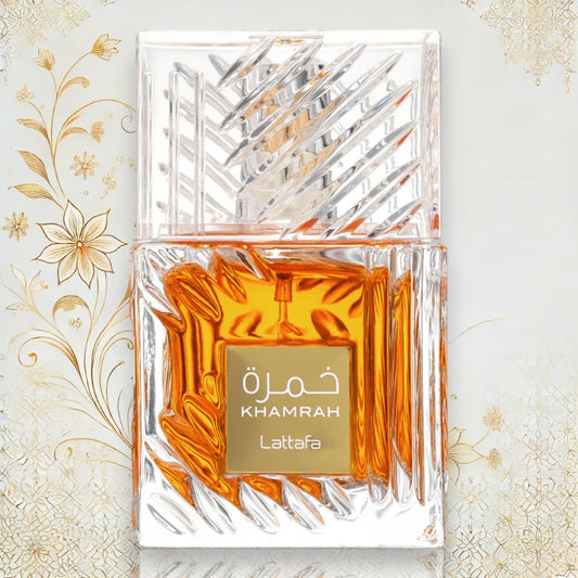 Lattafa Khamrah Parfüm, Detailansicht der hochwertigen Verpackung – Elegantes Design mit luxuriösen Verzierungen, ideal als exklusives Geschenk