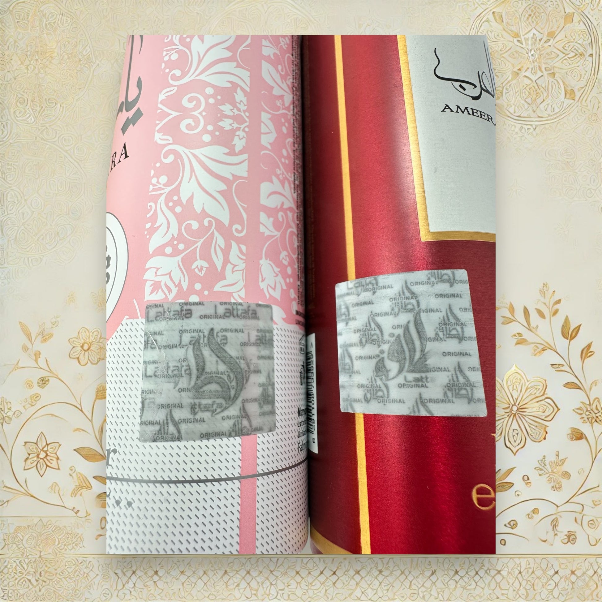 Detailaufnahme der Lattafa Raumsprays mit Originalitätssiegel auf der Verpackung, zeigt hochwertige Verarbeitung und authentische Markenware