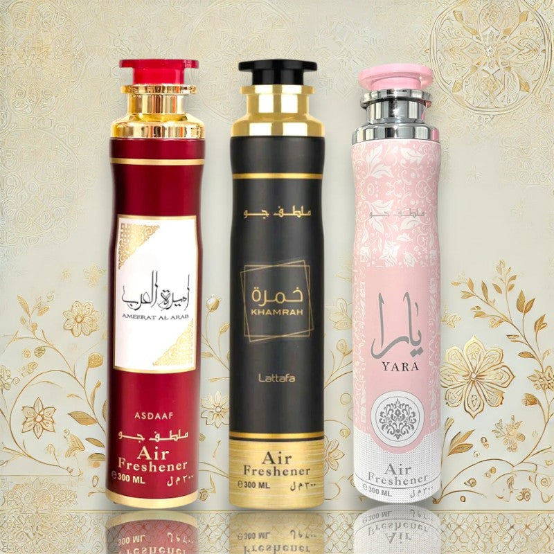 Bestseller Raumduft-Set von Lattafa mit drei der beliebtesten Duftsprays.