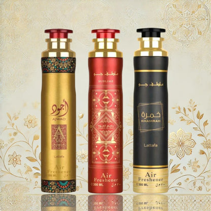 3er Duftspray-Set von Lattafa mit Ajwad, Khamrah und Bade'e Al Oud Sublime – ideal für Räume und Auto.
