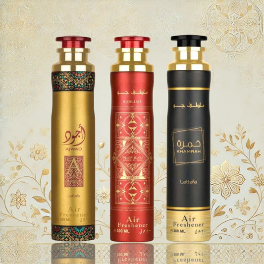 3er Duftspray-Set von Lattafa mit Ajwad, Khamrah und Bade'e Al Oud Sublime – ideal für Räume und Auto.
