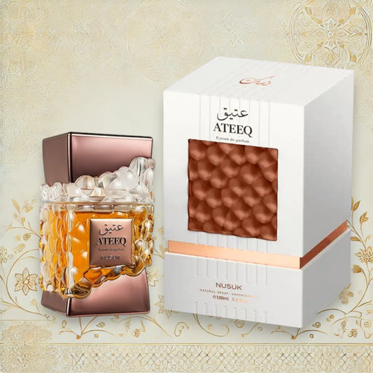 Flakon von Nusuk Ateeq EDP 100 ml, eleganter Unisexduft mit süß-würzigem Charakter.