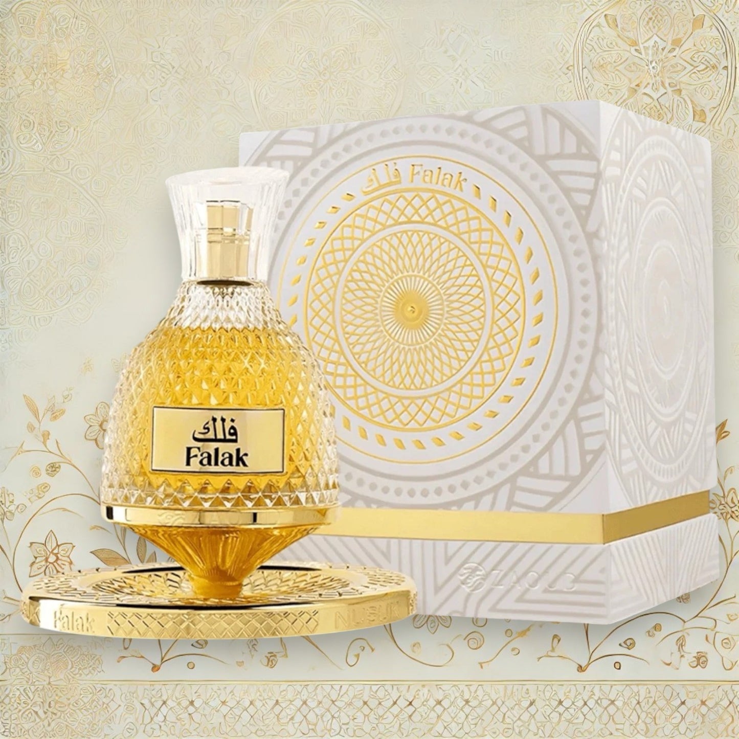 Flakon von Nusuk Falak Eau de Parfum – ein süßer, cremiger Gourmand-Duft mit Karamell, Vanille und Praline für Damen und Herren.