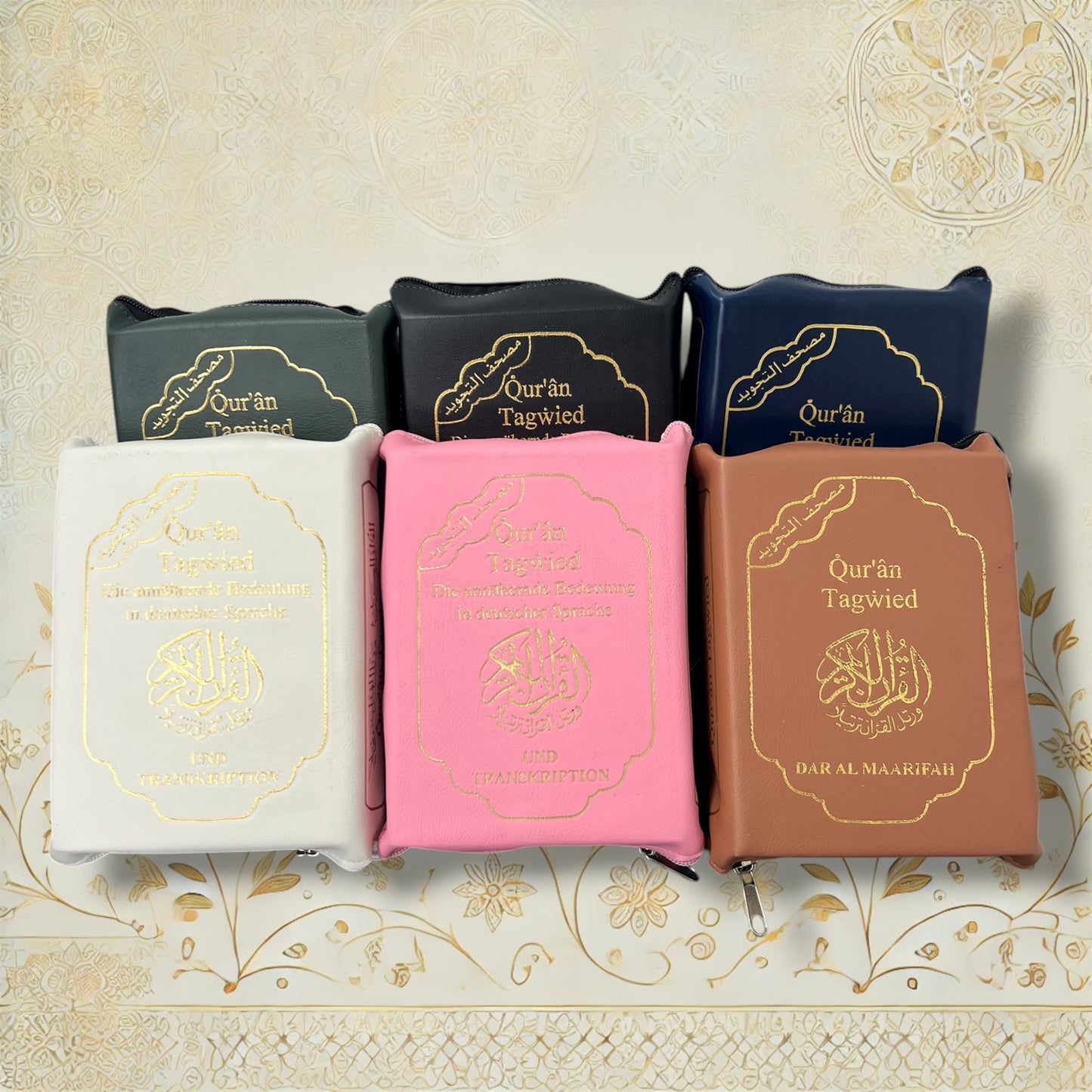 Quran Tajweed 13×17 cm mit Reißverschluss-Tasche – Farbübersicht Rosa, Blau, Braun, Weiß, Schwarz und Grün