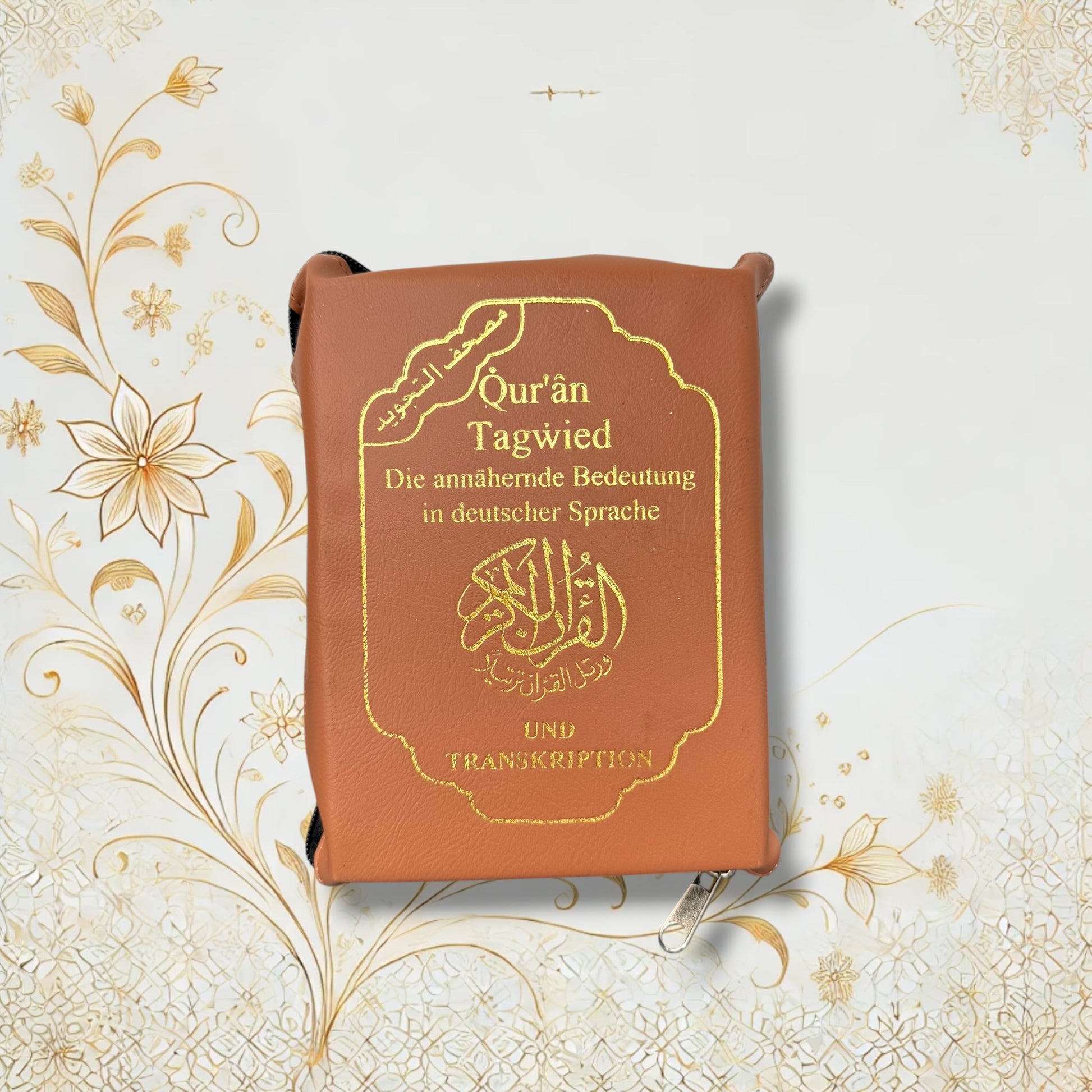 Quran Tajweed 13×17 cm mit Reißverschluss-Tasche in Braun – Arabisch Deutsch Lautschrift