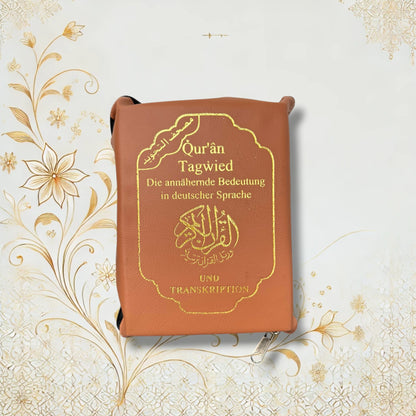 Quran Tajweed 13×17 cm mit Reißverschluss-Tasche in Braun – Arabisch Deutsch Lautschrift
