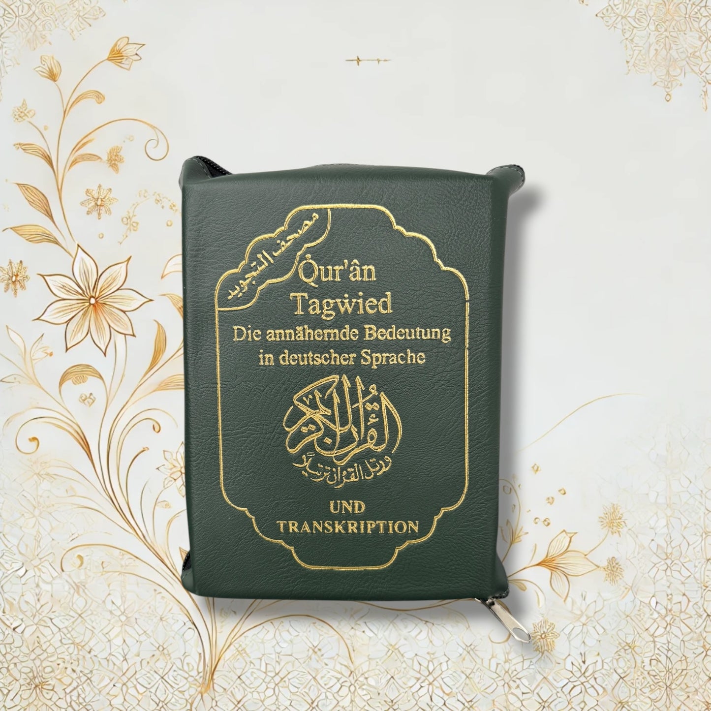 Quran Tajweed 13×17 cm mit Reißverschluss-Tasche in Grün – Arabisch Deutsch Lautschrift