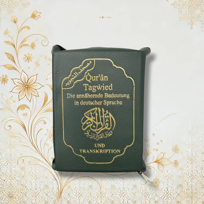 Quran Tajweed 13×17 cm mit Reißverschluss-Tasche in Grün – Arabisch Deutsch Lautschrift