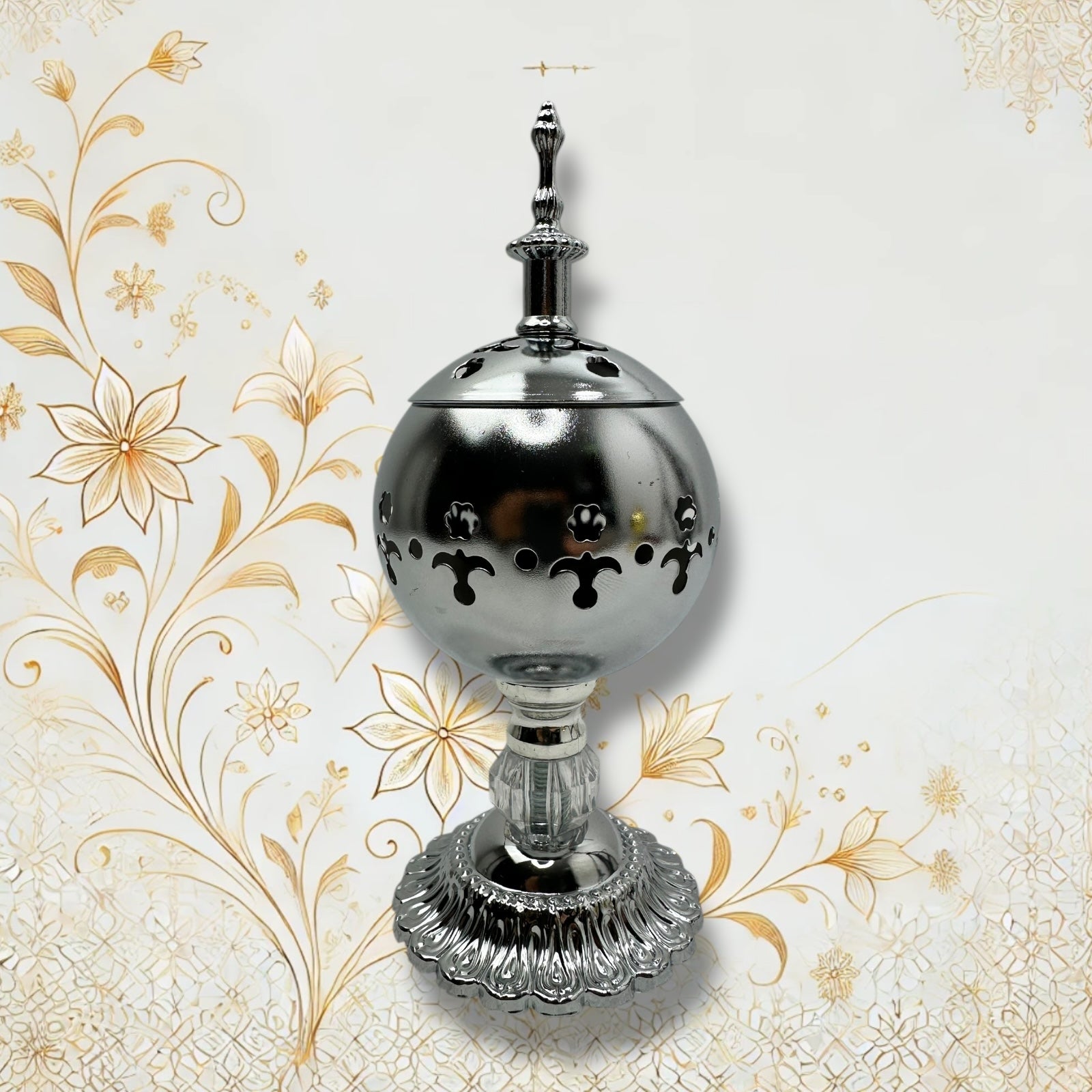 Silberfarbener Räucherhalter mit Deckel, geeignet für Bakhoor.