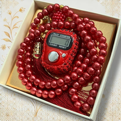 Rote Gebetskette mit Strass-Digitalzähler – 99 Perlen