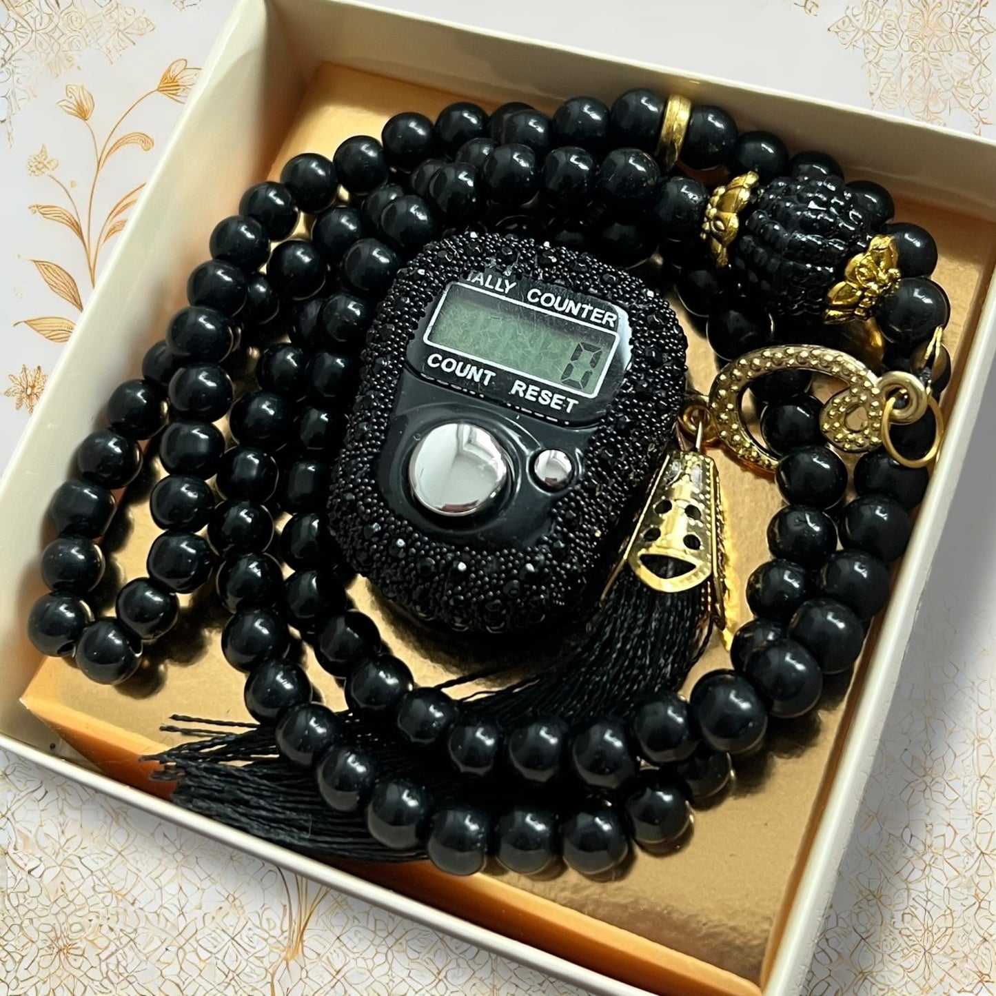 Schwarze 99er Gebetskette mit digitalem Zähler und Strasssteinen im Geschenkset.