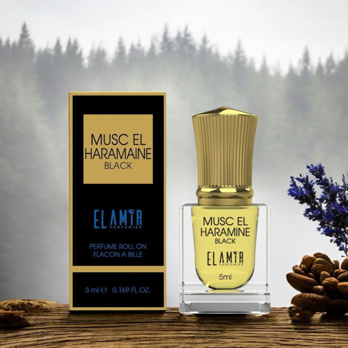 El Amir Musc El Haramain Black Parfümöl 5 ml – Parfümölflakon mit Verpackung in dekorativer Szene