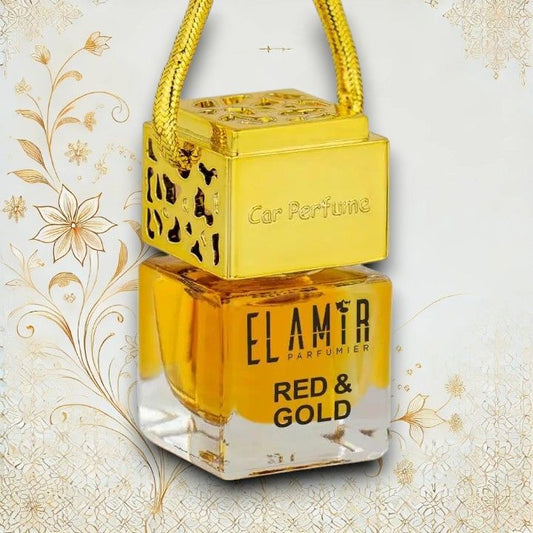 El Amir Red & Gold Autoparfüm 8 ml in schräger Ansicht mit goldfarbener Kappe und Aufhängeschnur