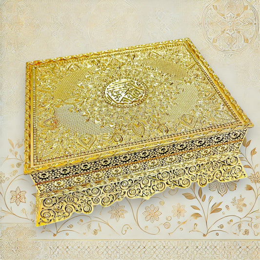 Goldene Koranbox mit arabischem Koran & QR-Hörfunktion – geschlossene goldfarbene Koranbox